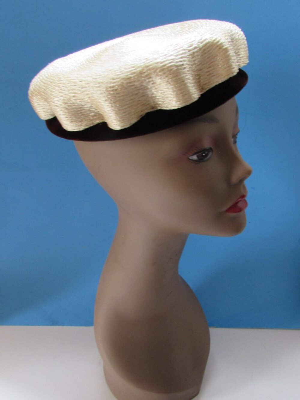 Handsome Vintage Hat White Wavy Crown Brown Velvet Brim